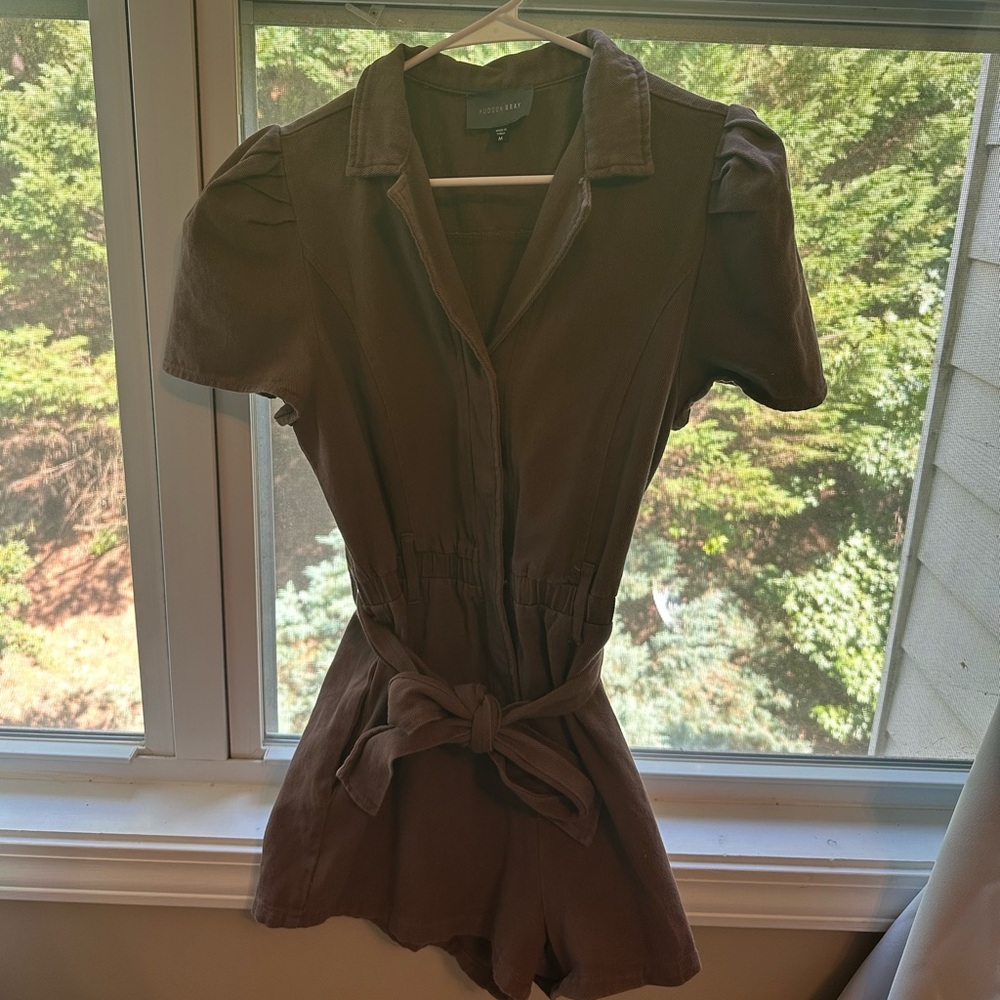 HUDSON GRAY Chocolate Brown Short Sleeve Romper with Puff Sleeves & Belt